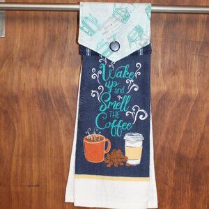 WAKE UP & SMELL THE COFFEE HANDTOWEL BLUE & GREEN PRINT HANDMADE HANGING KITCHEN
